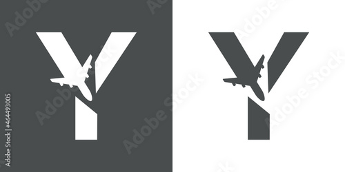 Logotipo con silueta de avión con trayectoria con forma de letra inicial Y en fondo gris y fondo blanco