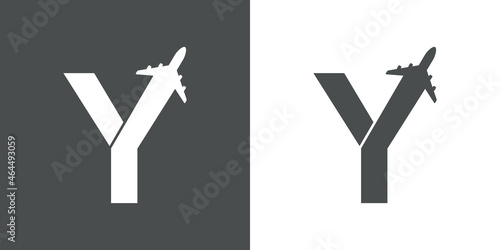Logotipo con silueta de avión con trayectoria con forma de letra inicial Y en fondo gris y fondo blanco