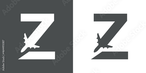 Logotipo con silueta de avión con trayectoria con forma de letra inicial Z en fondo gris y fondo blanco