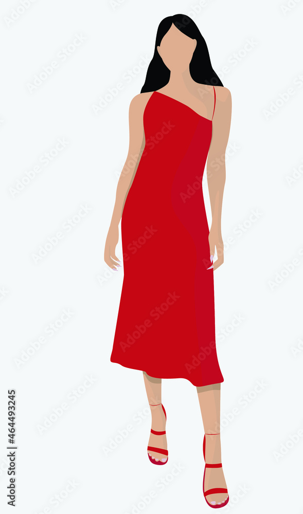 Girl in a red dress and sandals. Black loose hair. Vector flat illustration. Attractive dava in a long dress. Design for cards, posters, backgrounds, avatars, templates. Girl in a red dress and sandals. Black loose hair. Vector flat illustration. Attractive dava in a long dress. Design for cards, posters, backgrounds, avatars, templates.