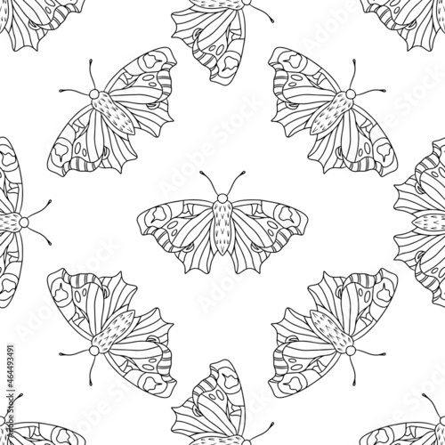 Seamless with black line butterfly on the white background