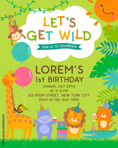 Cute safari cartoon animals with copy space for kids party invitation card template.