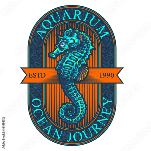 "Aquarium Ocean Journey" - label design. Vector illustration in engraving technique of sea horse and lettering.