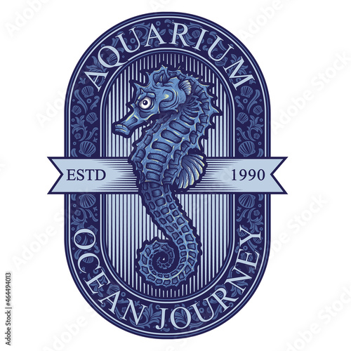 "Aquarium Ocean Journey" - label design. Vector illustration in engraving technique of sea horse and lettering.