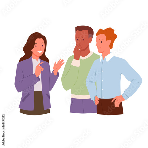 Business people talking, discussing work tasks vector illustration. Cartoon woman and man employees characters standing together for discussion isolated on white. Teamwork, communication concept