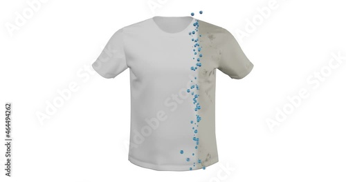 3d render stylized animation of cleaning white T-shirt fabric from dirt, sweat, stains from bottom to top and from left to right.  Clothes turn from dirty to clean under the influence of washing powde photo