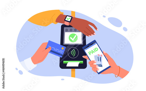 Hands with smartphone, smartwatch and bank card near POS terminal vector illustration. Cartoon NFC chip technology for paying for purchases in store. Wireless contactless cashless payment concept