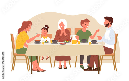 Family people eat dinner at home vector illustration. Cartoon mother feeding little daughter, father, son, grandmother sitting at dining table and eating isolated on white. Happy family time concept