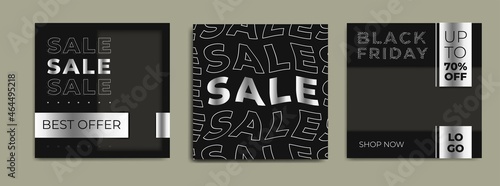 Silver Set of black Friday 2021 sale post social media pack template premium poster vector. Black Friday sale label template design for banner, idea, cover, booklet, print, flyer, card, poster, badge