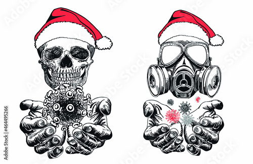 Two human skulls in Santa Claus hat holding virus , Christmas with coronavisus, delta virus