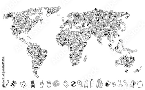 The world map is built from garbage. illustration on the topic of ecology and environmental conservation. Trash and non-recycled continents.