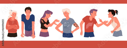 Angry quarrel of couple people, stress family problem vector illustration. Cartoon man woman characters quarreling, arguing in anger and disagreement, dispute of husband and wife isolated on white photo