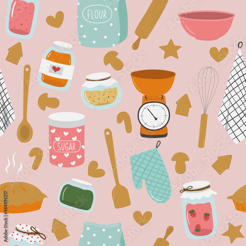 Seamless pattern with hand drawn kitchen items in retro style. Doodle vector illustration of cute baking tools: flour, scales, rolling pin, dough, whisk, stove, jar. Vintage kitchenware background