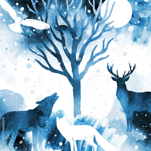 Abstract magic vector watercolor winter nature landscape. Snowy illustration with snow, deer, owl, fox, wolf, tree