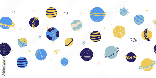 Seamless vector border Planets Outer Space. Galaxy repeating background. Cute childish planet illustration banner. Science kids design for footer, header, fabric trim, card decor.