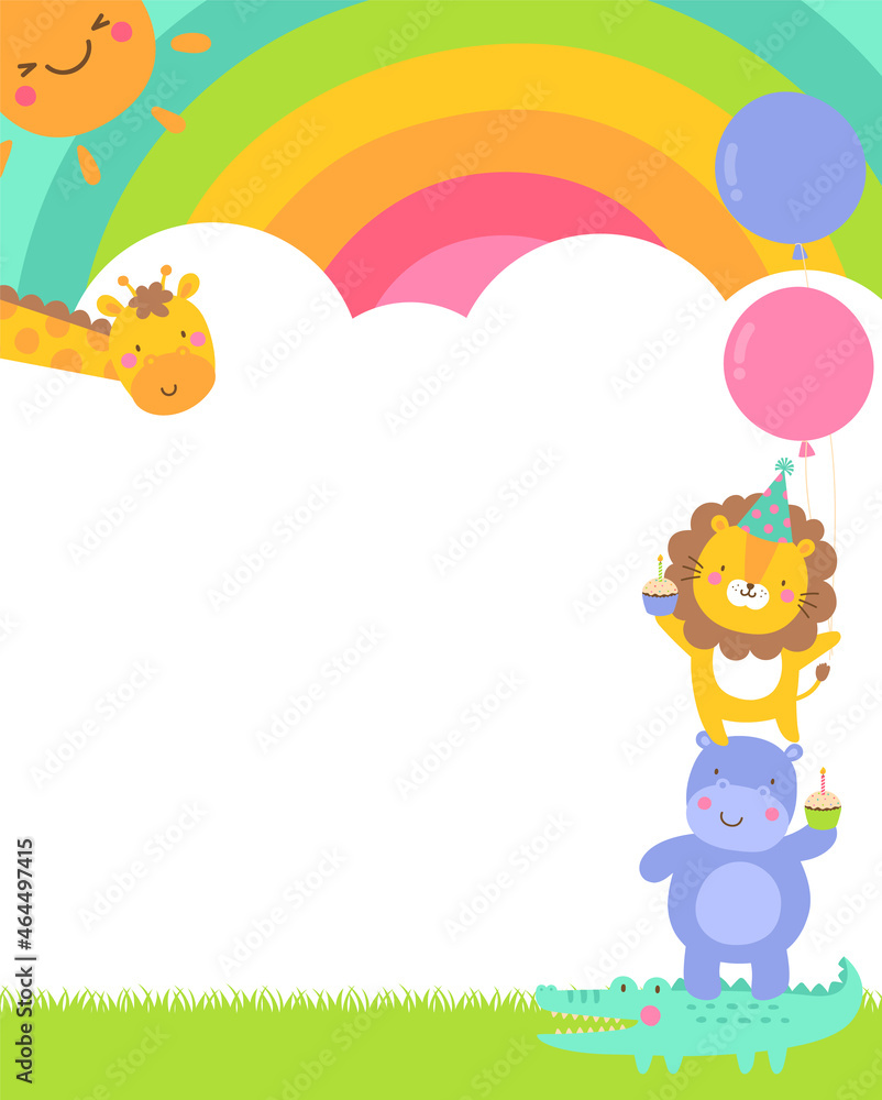 Cute safari cartoon animals with rainbow and cloud background for kids party invitation card template. Cute safari cartoon animals with rainbow and cloud background for kids party invitation card template.