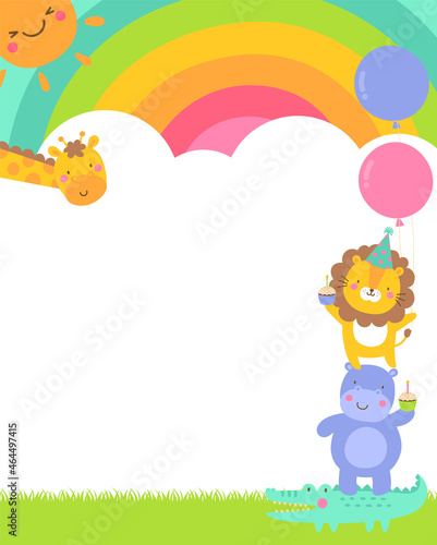 Cute safari cartoon animals with rainbow and cloud background for kids party invitation card template.