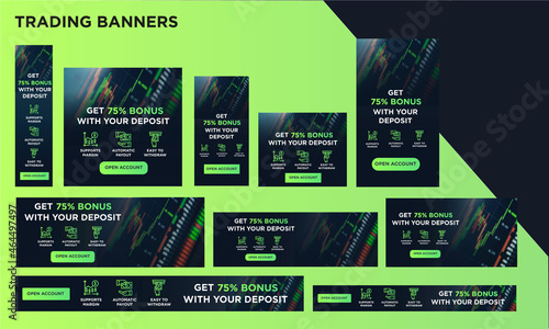 Trade Dark Blue & green Google Ads, Trading Web Banners and Instagram & facebook Post & stories