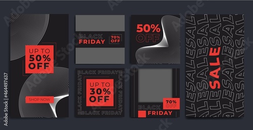 RED Set of black Friday 2021 sale post social media pack template premium poster vector. Black Friday sale label template design for banner, idea, cover, booklet, print, flyer, card, poster, badge