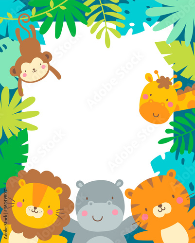 Cute safari cartoon animals and tropical leaves border with copy space for kids party invitation card template.
