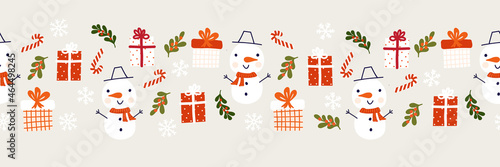 Seamless border Kids Christmas Snowman gift box. Cute winter holiday vector pattern horizontal snowmen, snowflakes, presents. Repeating banner flat Scandinavian style for holiday cards, ribbon, footer