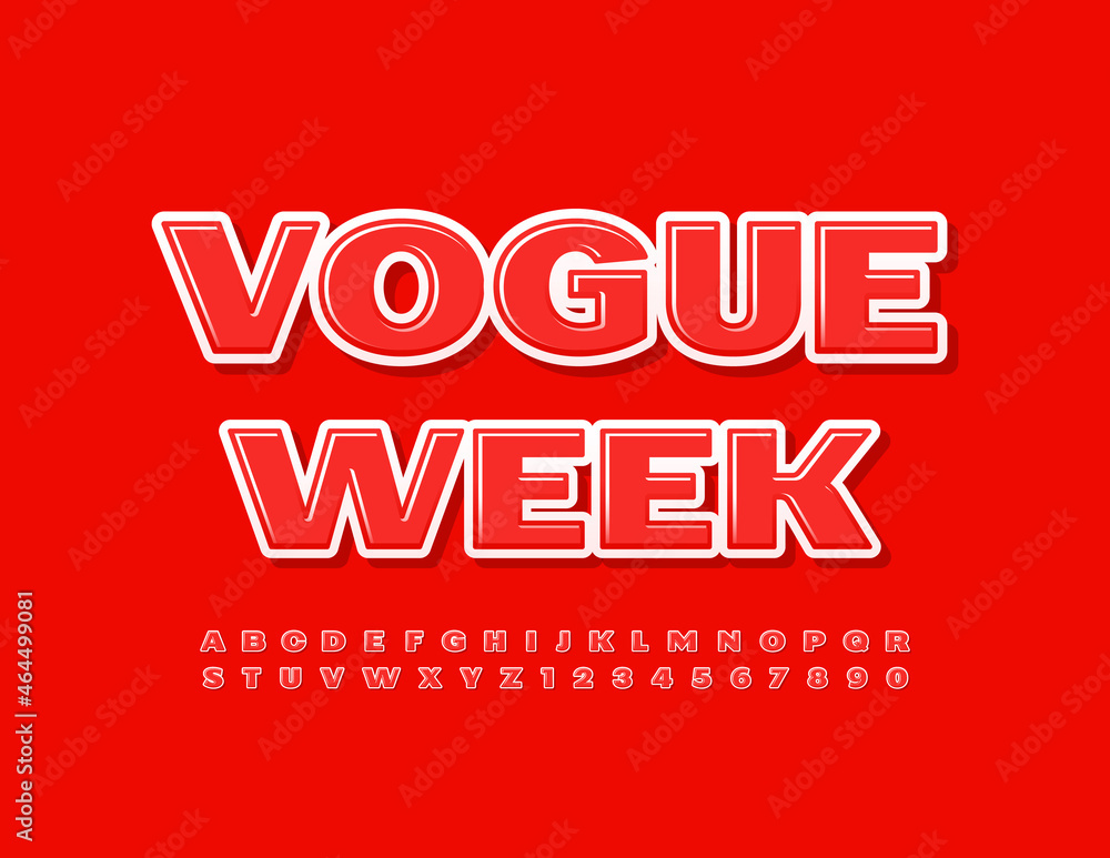 Vector luxury Poster Vogue Week. Red Glossy Font. Modern Alphabet Letters and Numbers