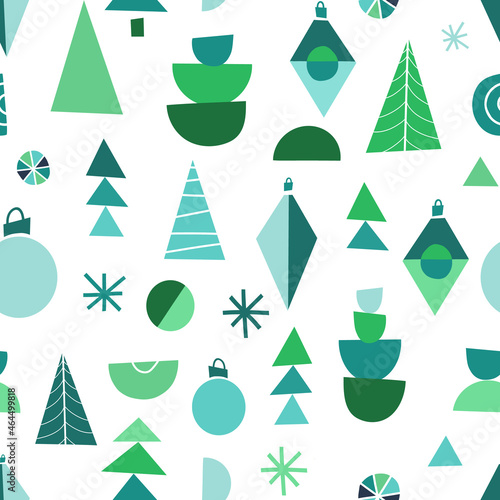 Modern abstract Christmas pattern. Seamless vector background with festive geometric shapes, Christmas trees, ornaments, baubles. Mid century modern green blue winter holiday design for fabric, wrap.