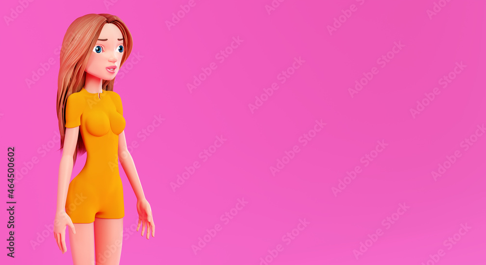 3d woman on a pink background. Cute cartoon young woman, 3d render. Beautiful woman with long red hair 3d woman on a pink background. Cute cartoon young woman, 3d render. Beautiful woman with long red hair