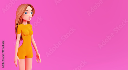3d woman on a pink background. Cute cartoon young woman, 3d render. Beautiful woman with long red hair