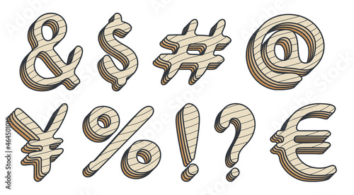 Additional keyboard symbols in cartoon style. And ampersand, dollar, hash symbol, number, yen, euro, percentage, exclamation and question mark. Isolated vector on white background