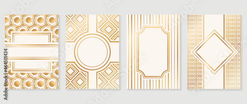 Luxury gold art deco cover design template vector. Art deco line border. Victorian vintage old antique elegant vector for party, thematic wedding or textile prints.