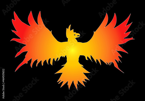 Silueta del ave fénix en color fuego, rojo, naranja y amarillo sobre fondo negro