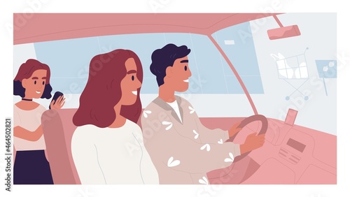 Happy family driving to grocery store or supermarket for weekend shopping. Side view of young couple with kid in auto. Colored flat vector illustration of parents with child in automobile
