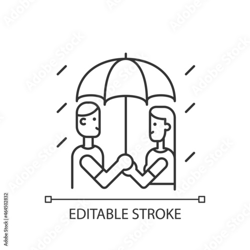 Walking under rain linear icon. Couple under umbrella in rainy weather. Sharing umbrella. Thin line customizable illustration. Contour symbol. Vector isolated outline drawing. Editable stroke