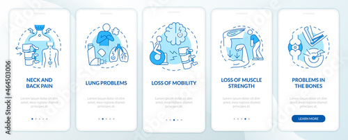 Physical problems to treat blue onboarding mobile app page screen. Healthcare walkthrough 5 steps graphic instructions with concepts. UI, UX, GUI vector template with linear color illustrations