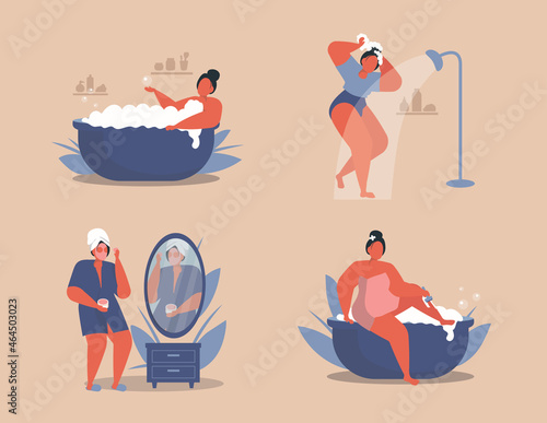 Woman relaxing at home. Care situation. Self care. Female character spend time in the bathtub, shower, shaving her leg and relaxing.