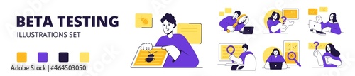 Big set of vector illustrations of beta testing. New product beta testing, pre-sales user experience, second testing phase, validation of the real environment.
