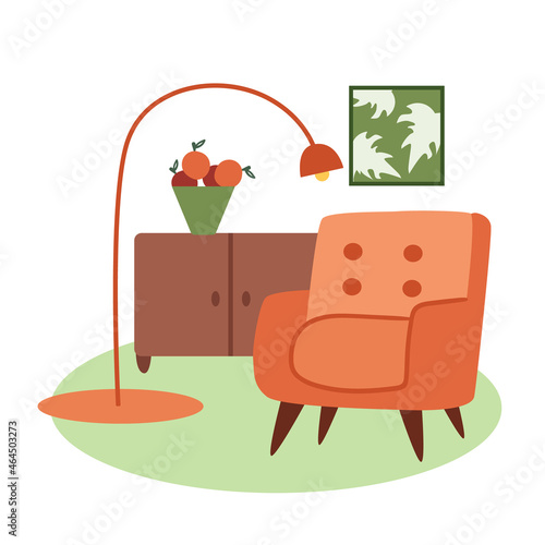 Cozy interior. Nice room. Armchair, bedside table, painting, lamp. Vector illustration.