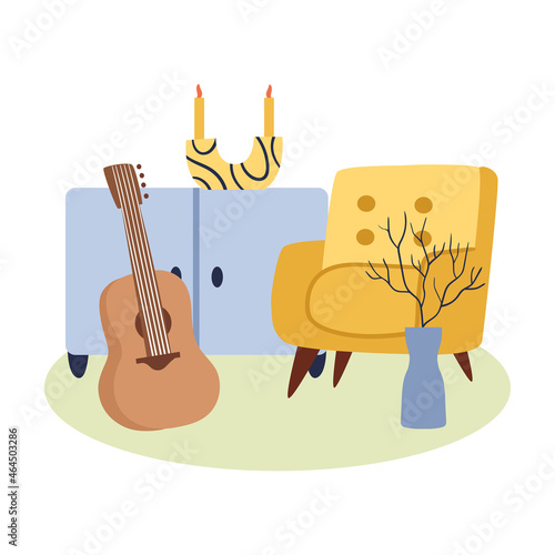 Modern room interior. Armchair, guitar, bedside table.Vector illustration in cartoon style.