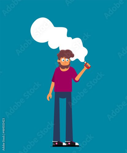 Smiling standing bearded hipster man holding vape or vaporizer and vaping with steam cloud around