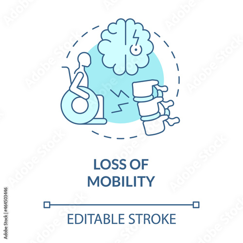 Loss of mobility blue concept icon. Person with disability. Neurological disorder. Physiotherapy abstract idea thin line illustration. Vector isolated outline color drawing. Editable stroke