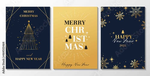 Merry Christmas elegant greeting card set. Navy and gold New Year backgrounds for social media with linear snowflakes, gifts, Christmas tree. Trendy luxury Xmas design vector illustration.