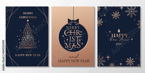 Merry Christmas elegant greeting card set. Navy and rose gold New Year backgrounds for social media with linear snowflakes, gifts, Christmas tree. Trendy luxury Xmas design vector illustration.