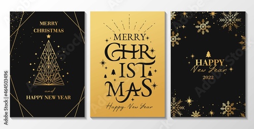 Merry Christmas typography greeting card set. Luxury New Year backgrounds for social media,banner, invitation with linear snowflakes, lettering, Christmas tree. Trendy Xmas design vector illustration.