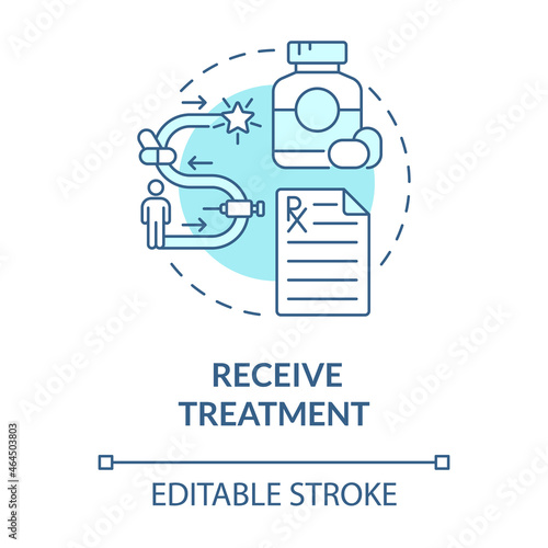 Receive treatment blue concept icon. Health care. Clinical therapy course. Disease recovery. Physiotherapy abstract idea thin line illustration. Vector isolated outline color drawing. Editable stroke
