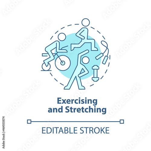 Exercising and stretching blue concept icon. Work out for physical rehabilitation. Physiotherapy abstract idea thin line illustration. Vector isolated outline color drawing. Editable stroke
