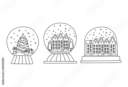 Vector line illustration set of Snow Globe. Hand drawn glass winter balls with city houses and a Christmas decorated tree isolated on white background