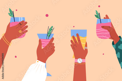 Set of hands with different alcoholic cocktails. Vector illustration.