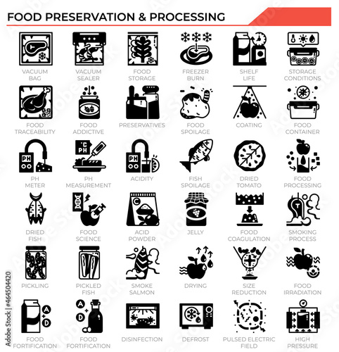 Food preservation and processing icon set.