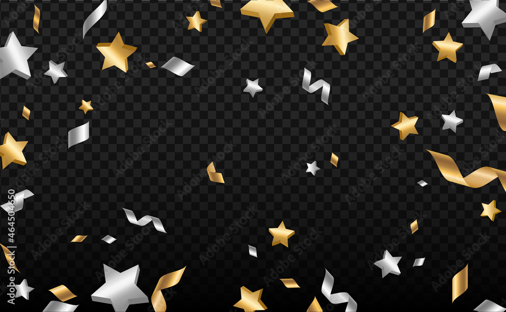 Falling shiny silver gold confetti, stars and serpentine isolated on white background. Bright festive overlay effect with golden and gray tinsels falling down. Vector illustration.